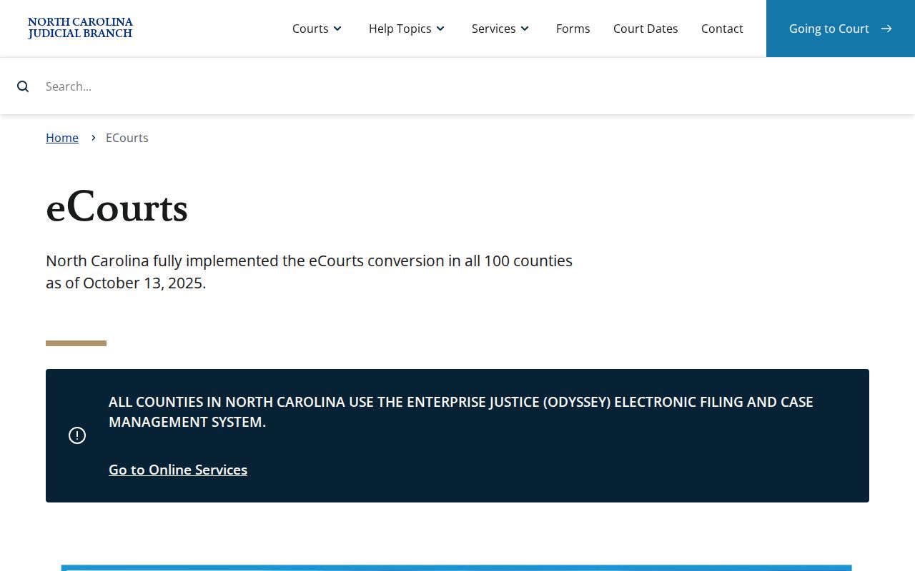 Perquimans County court docket eCourts statewide Enterprise Justice Odyssey rollout reference
