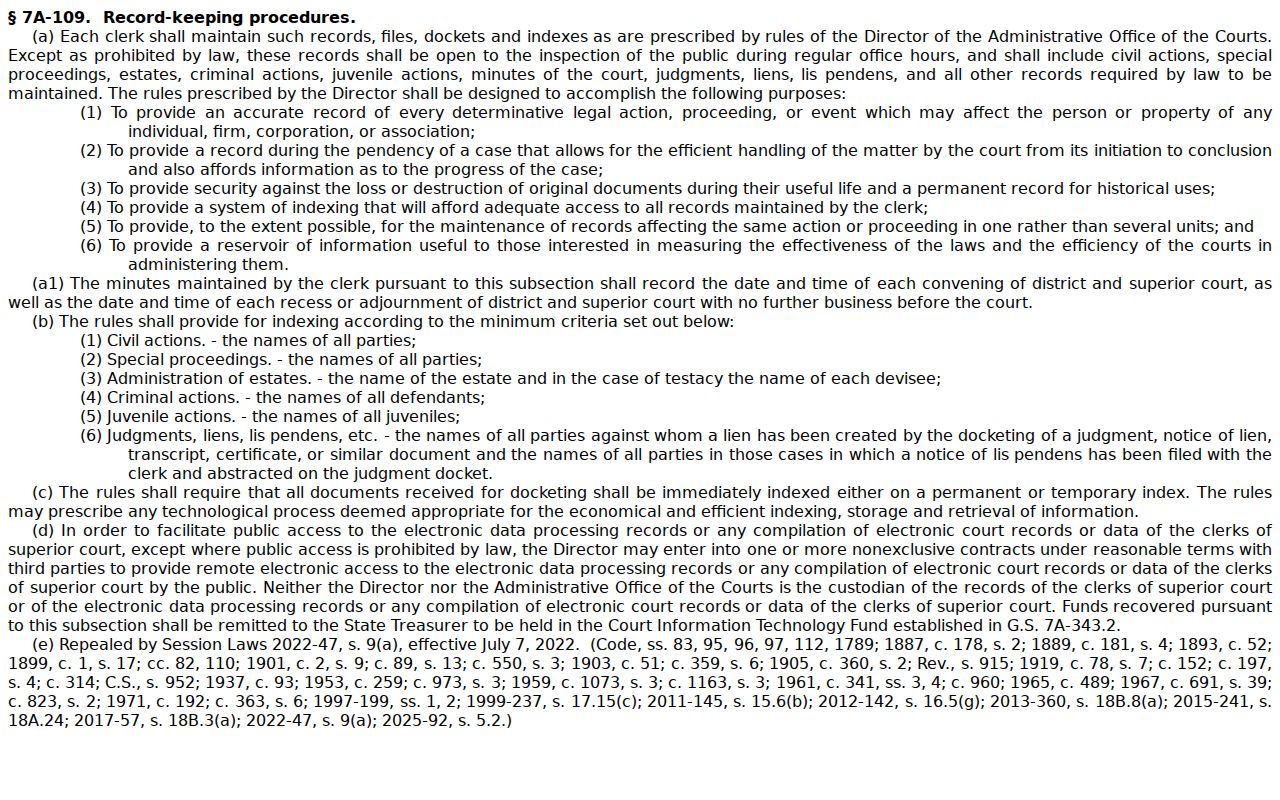 Perquimans County court docket statute reference for Clerk recordkeeping and public inspection
