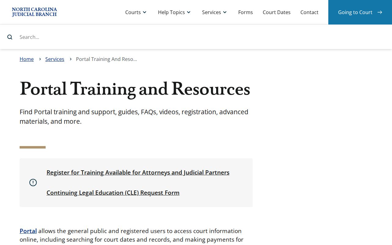 Perquimans County court docket Portal training screen for Smart Search and hearings