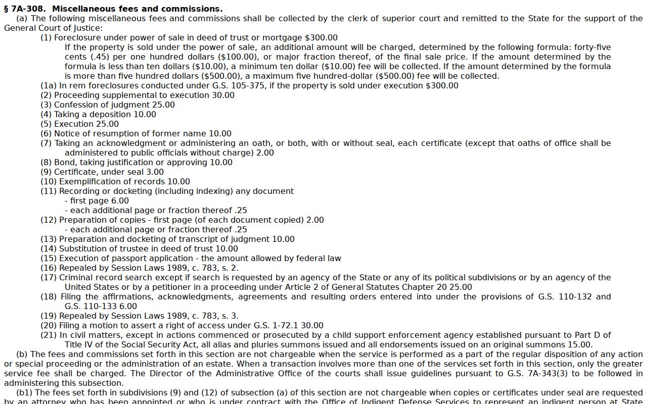Perquimans County traffic court record source showing clerk copy-fee statute