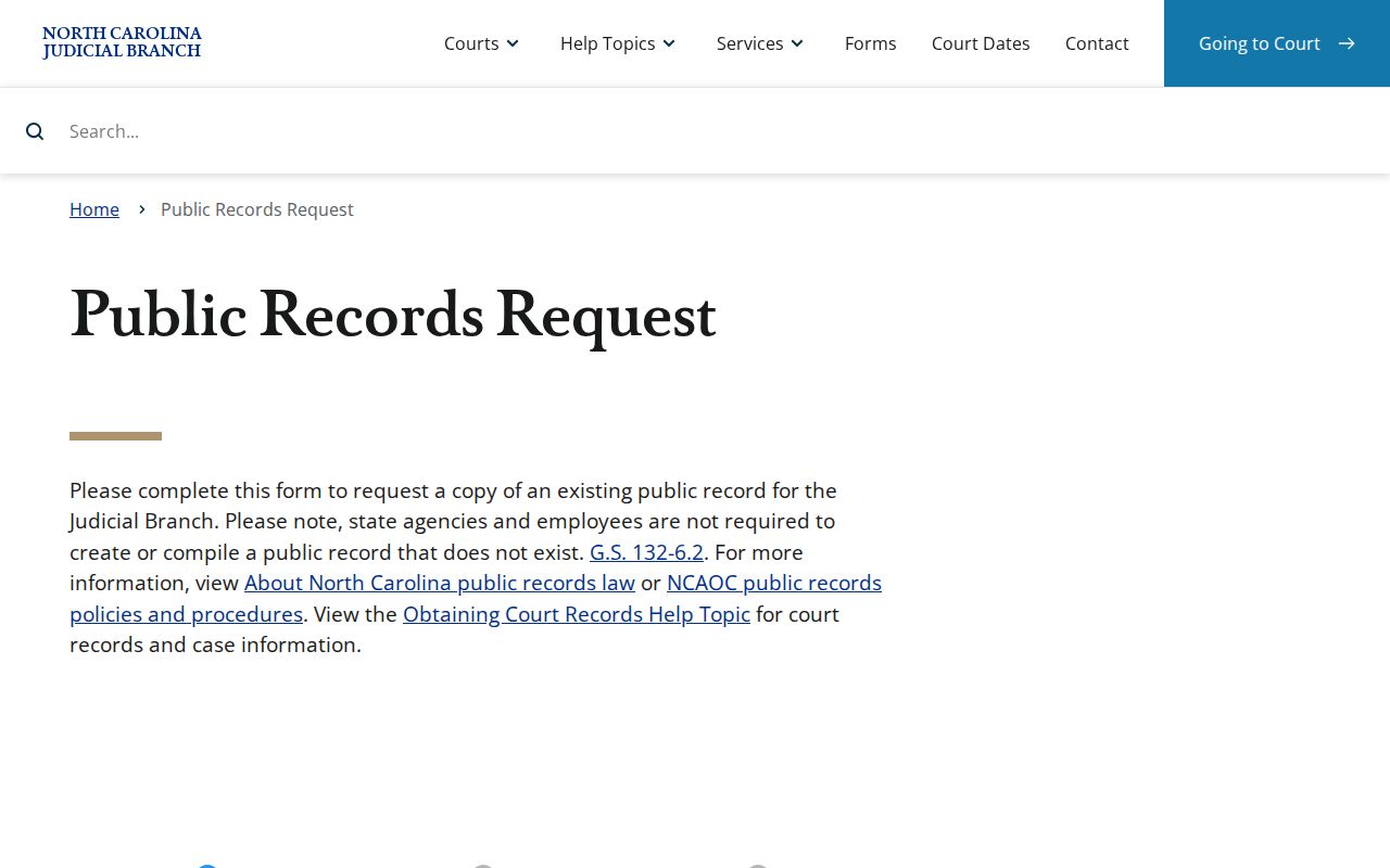 Perquimans County traffic court record source showing the Judicial Branch public-record request form